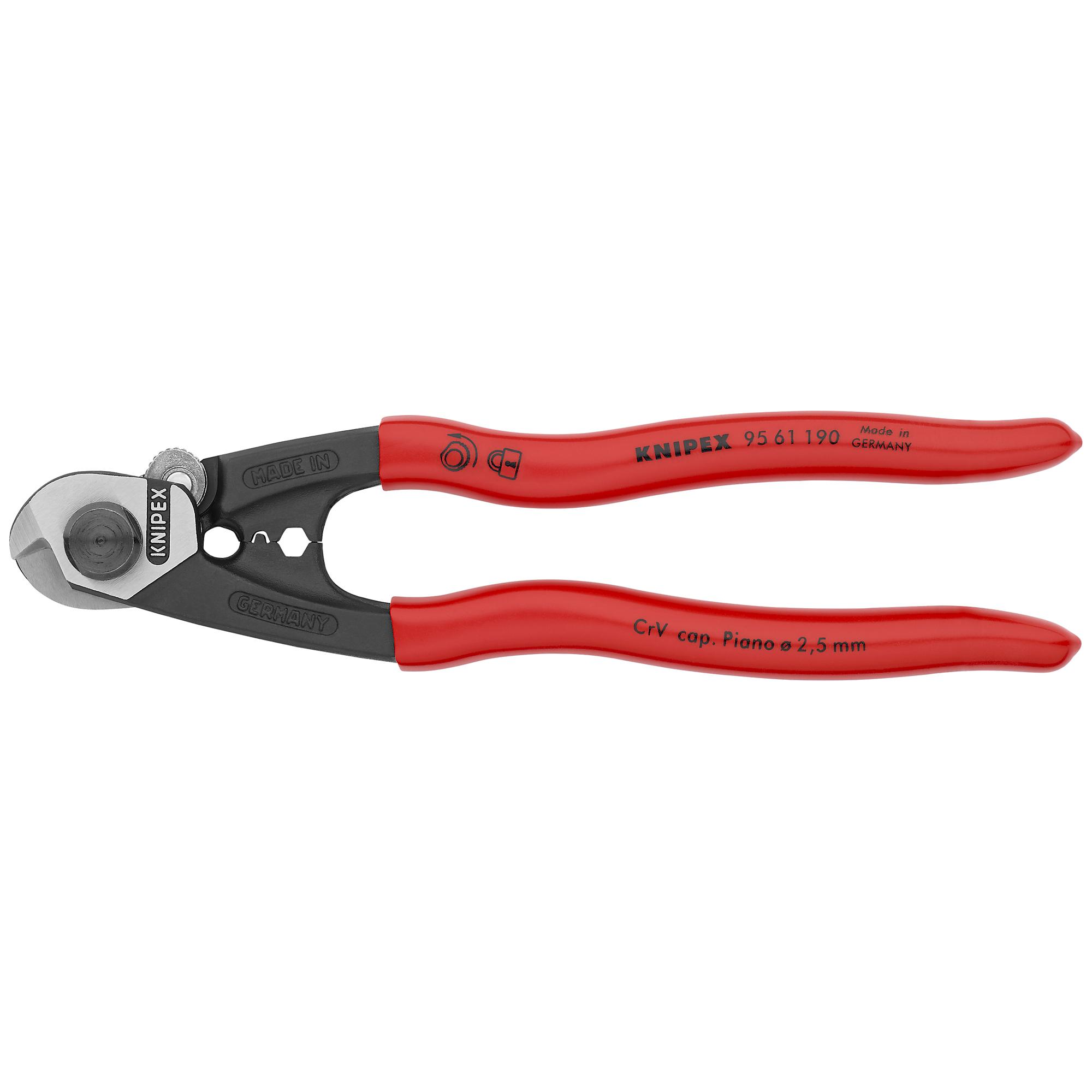 KNIPEX Wire Rope Shears - 7.5in., Steel, 0.156in. Jaw Capacity, Plastic Coating, Model# 95 61 190